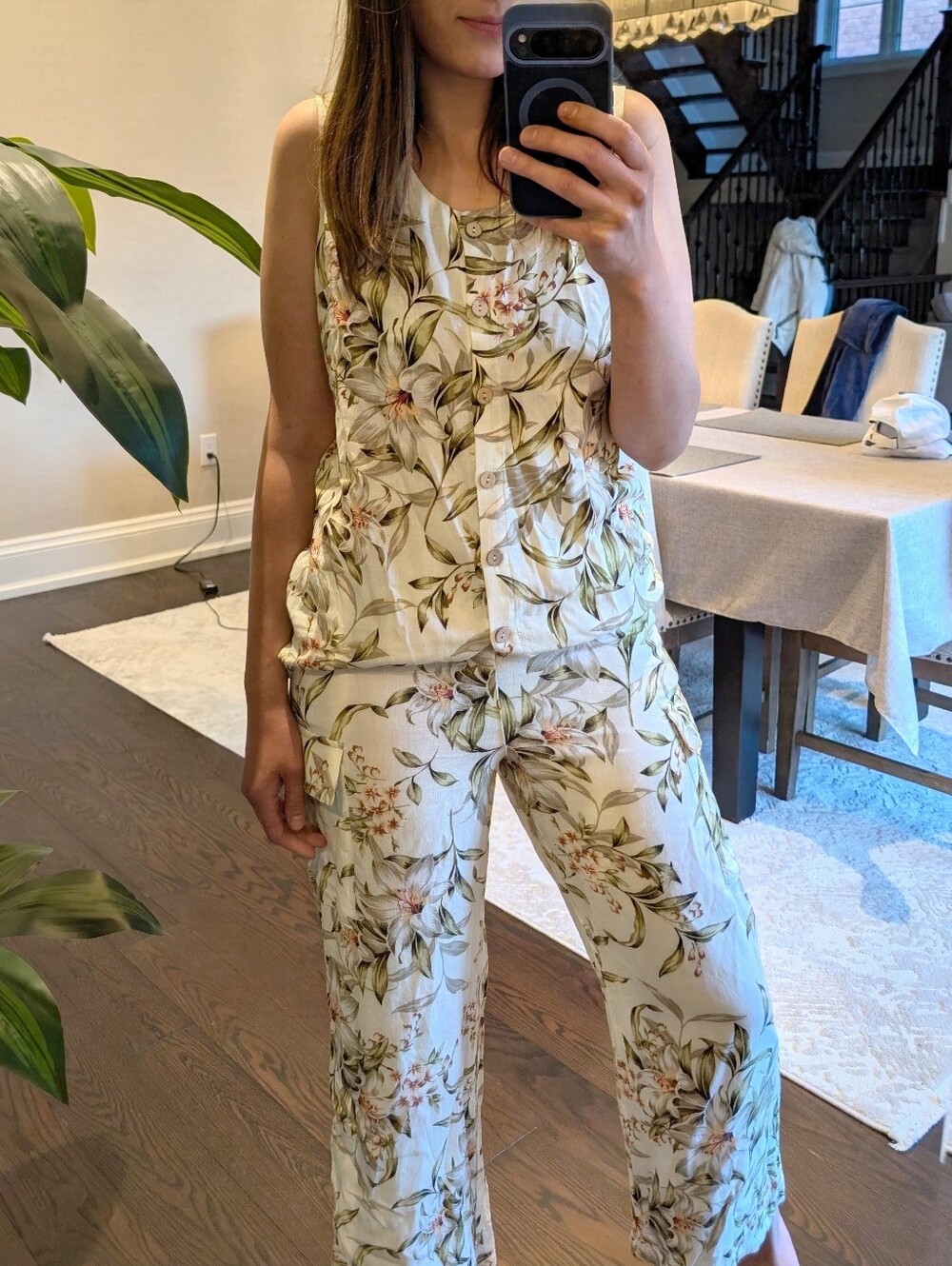 Spanner 2 Piece Linen Blend Floral Tank Top And Pants Set